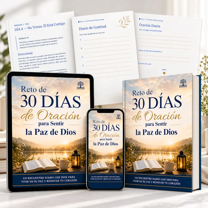 Diario Reto de 30 Días de Oración impreso y en tablet, con página devocional, oración diaria y lista de gratitud