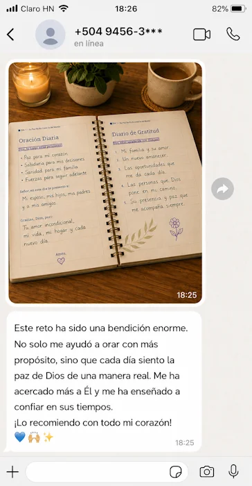 Testimonio del Reto de 30 Días de Oración: diario abierto con mensaje sobre oración, paz y confianza