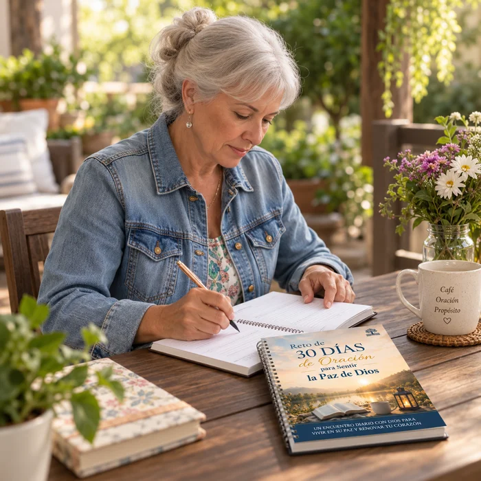 Mujer escribiendo junto al Reto de 30 Días de Oración