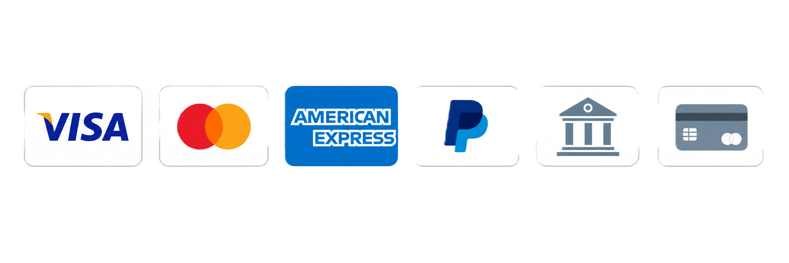 Métodos de pago aceptados: Visa, Mastercard, American Express, PayPal, transferencia bancaria y tarjeta de débito